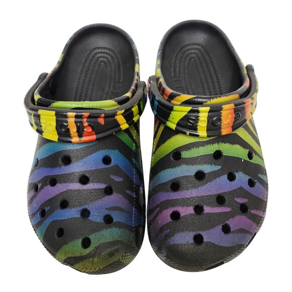 Crocs Classic Clogs Womens 6 Mens 4 Black Rainbow Zebra Stripes Slip On Casual - Picture 5 of 10